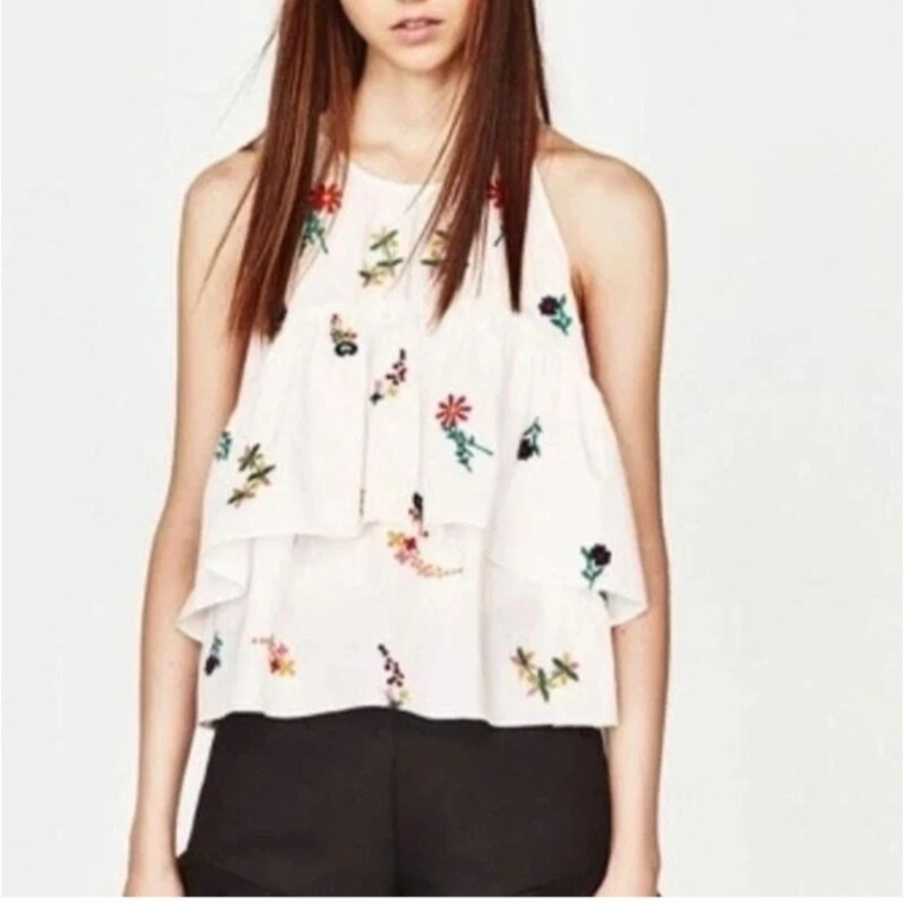 Zara Trafaluc White Floral Embroidered Tiered Tie Neck Tank Top‎ Size XS